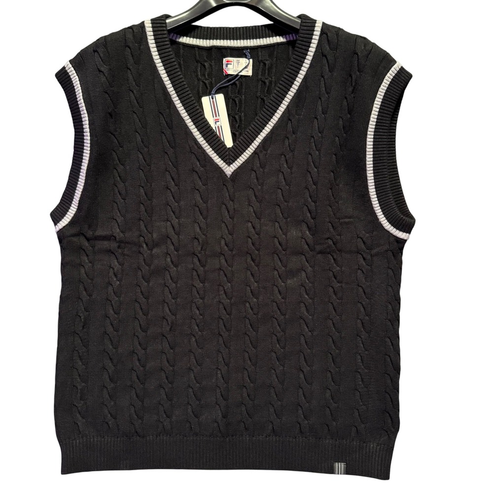 FILA Baseline Cable Knit Vest‎ Mens Large Black Sleeveless Sweater Heavyweight